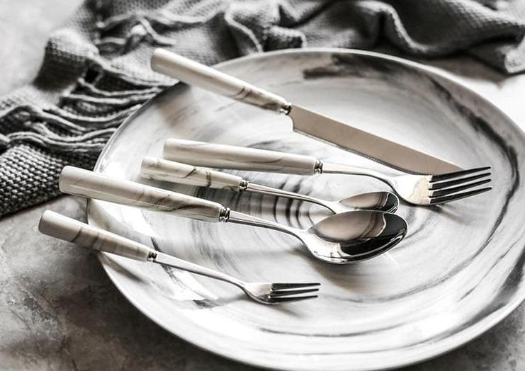 Silver & Marble Stainless Steel Luxury Flatware 5Pc Set - Final Sale