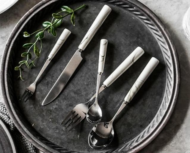 Silver & Marble Stainless Steel Luxury Flatware 5Pc Set - Final Sale