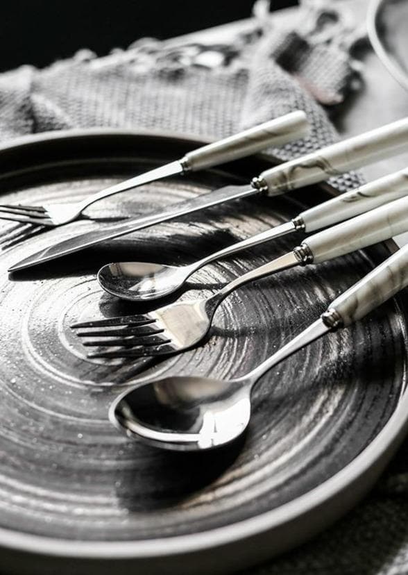 Silver & Marble Stainless Steel Luxury Flatware 5Pc Set - Final Sale