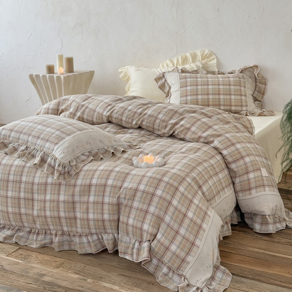 Beige Plaid Ruffle Bedding Set – Cotton Muslin