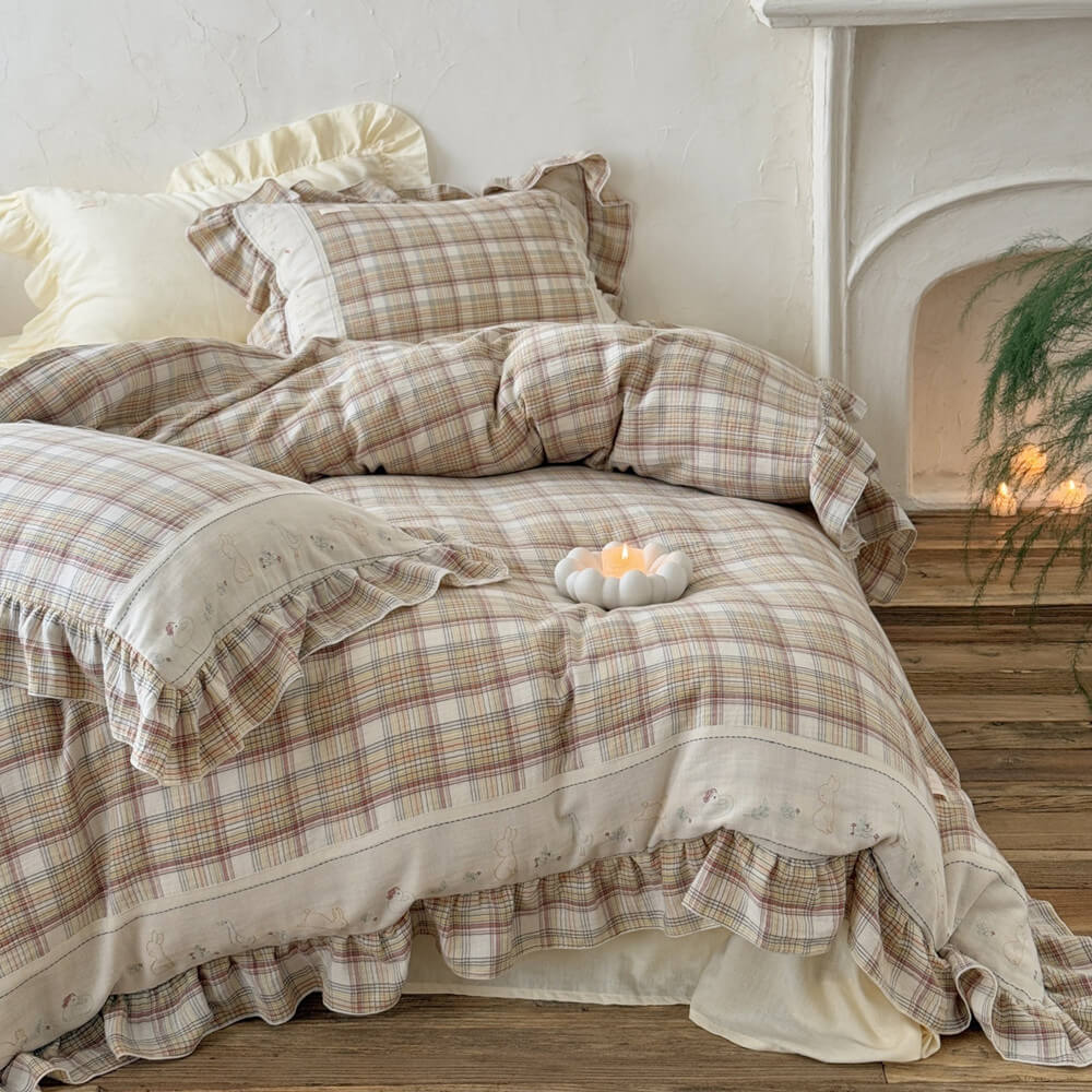Beige Plaid Ruffle Bedding Set – Cotton Muslin
