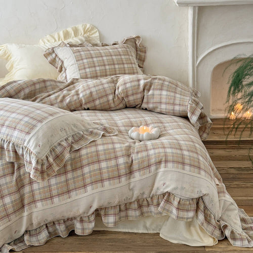 Beige Plaid Ruffle Bedding Set – Cotton Muslin