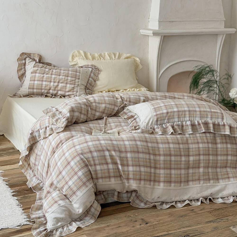 Beige Plaid Ruffle Bedding Set – Cotton Muslin