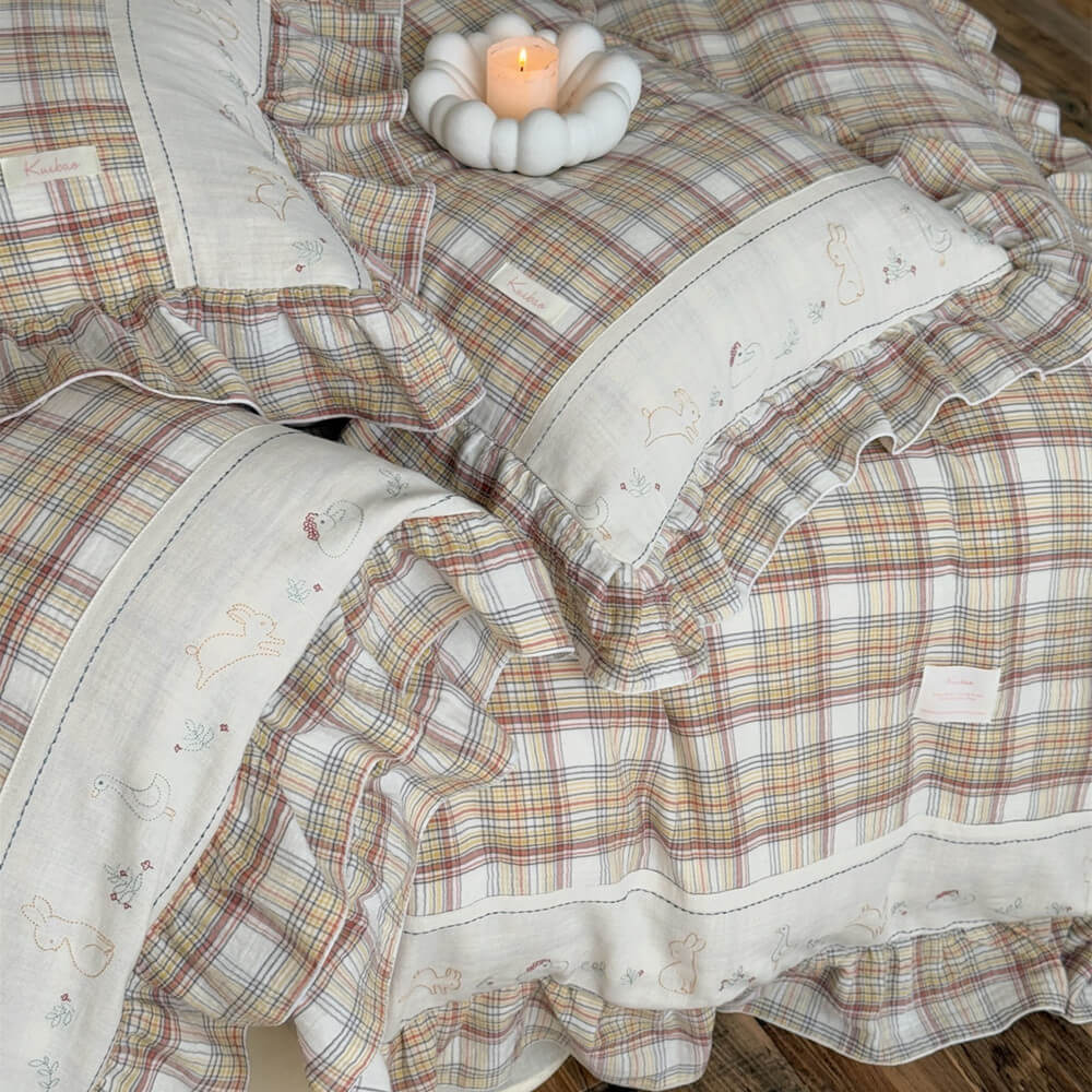Beige Plaid Ruffle Bedding Set – Cotton Muslin