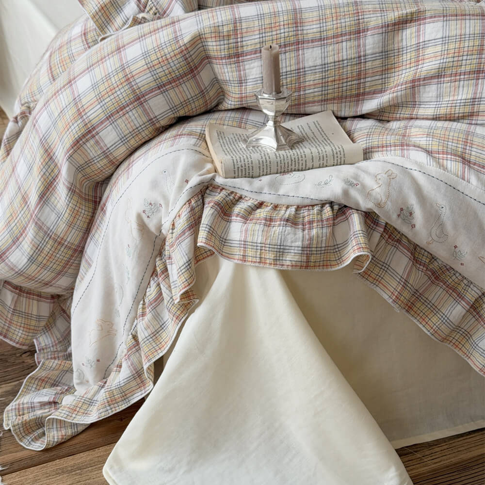Beige Plaid Ruffle Bedding Set – Cotton Muslin