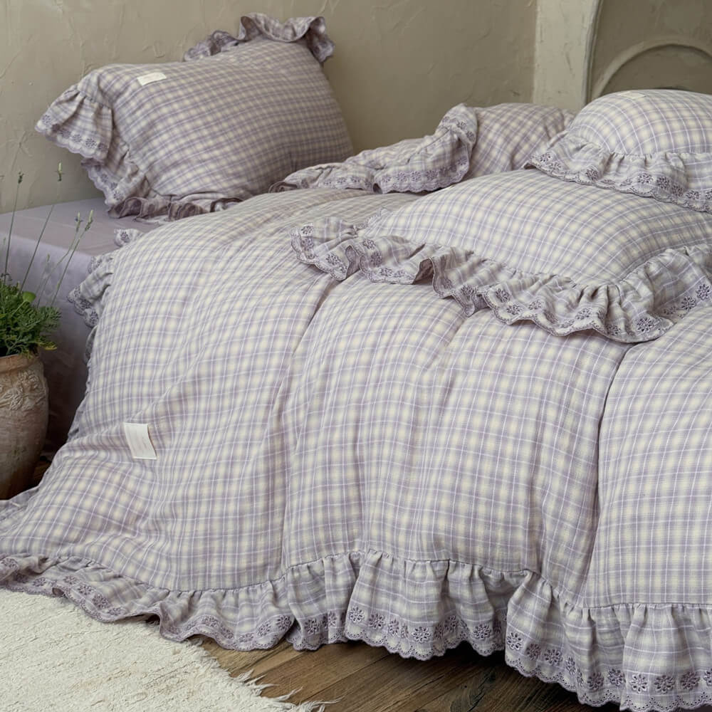 Lavender Plaid Ruffle Bedding Set – Cotton Muslin