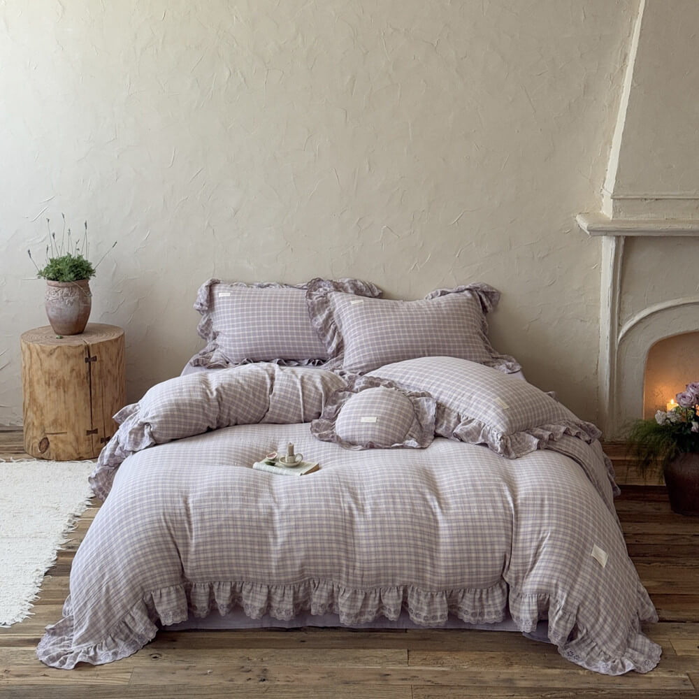 Lavender Plaid Ruffle Bedding Set – Cotton Muslin