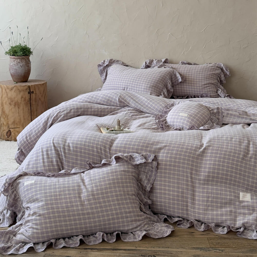 Lavender Plaid Ruffle Bedding Set – Cotton Muslin