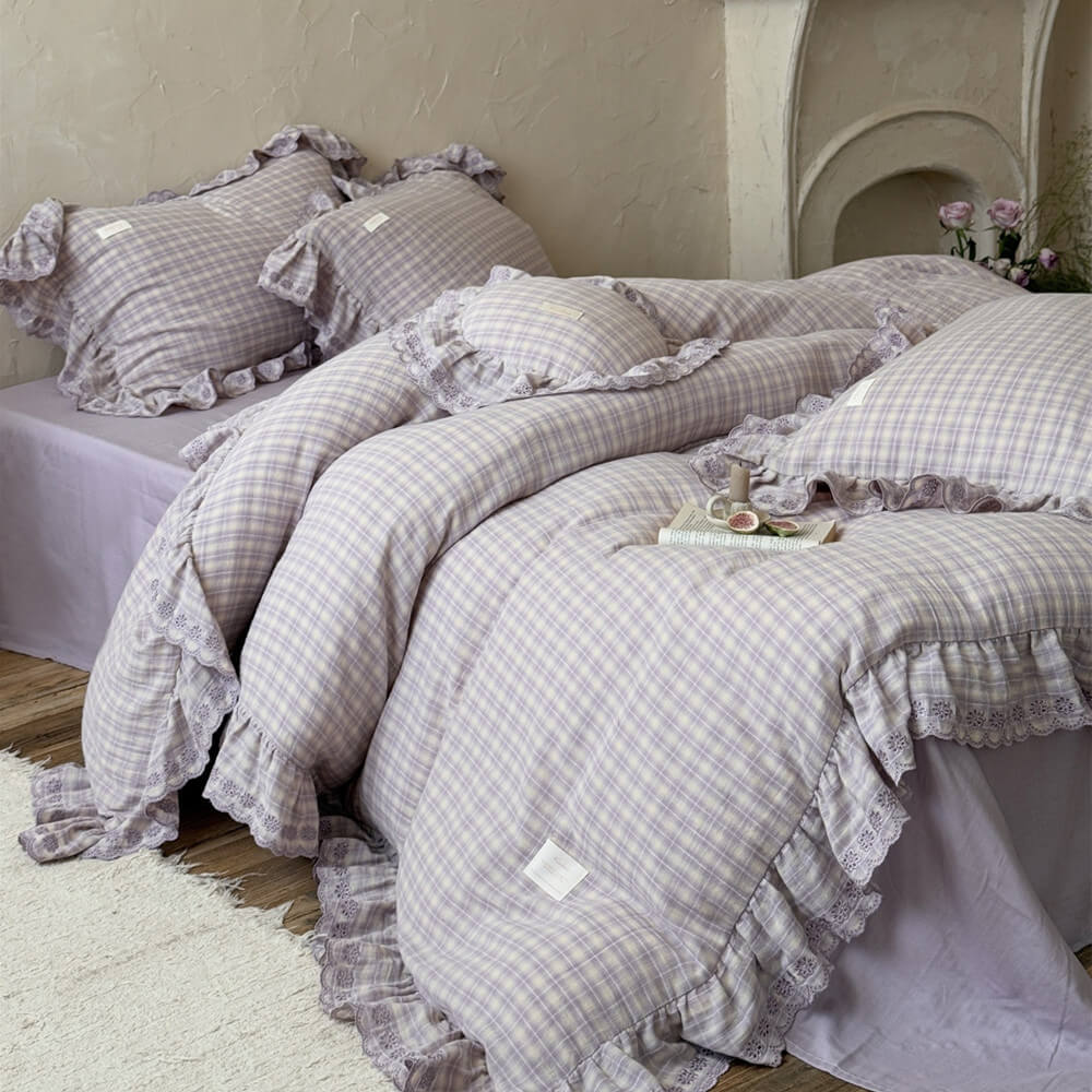 Lavender Plaid Ruffle Bedding Set – Cotton Muslin