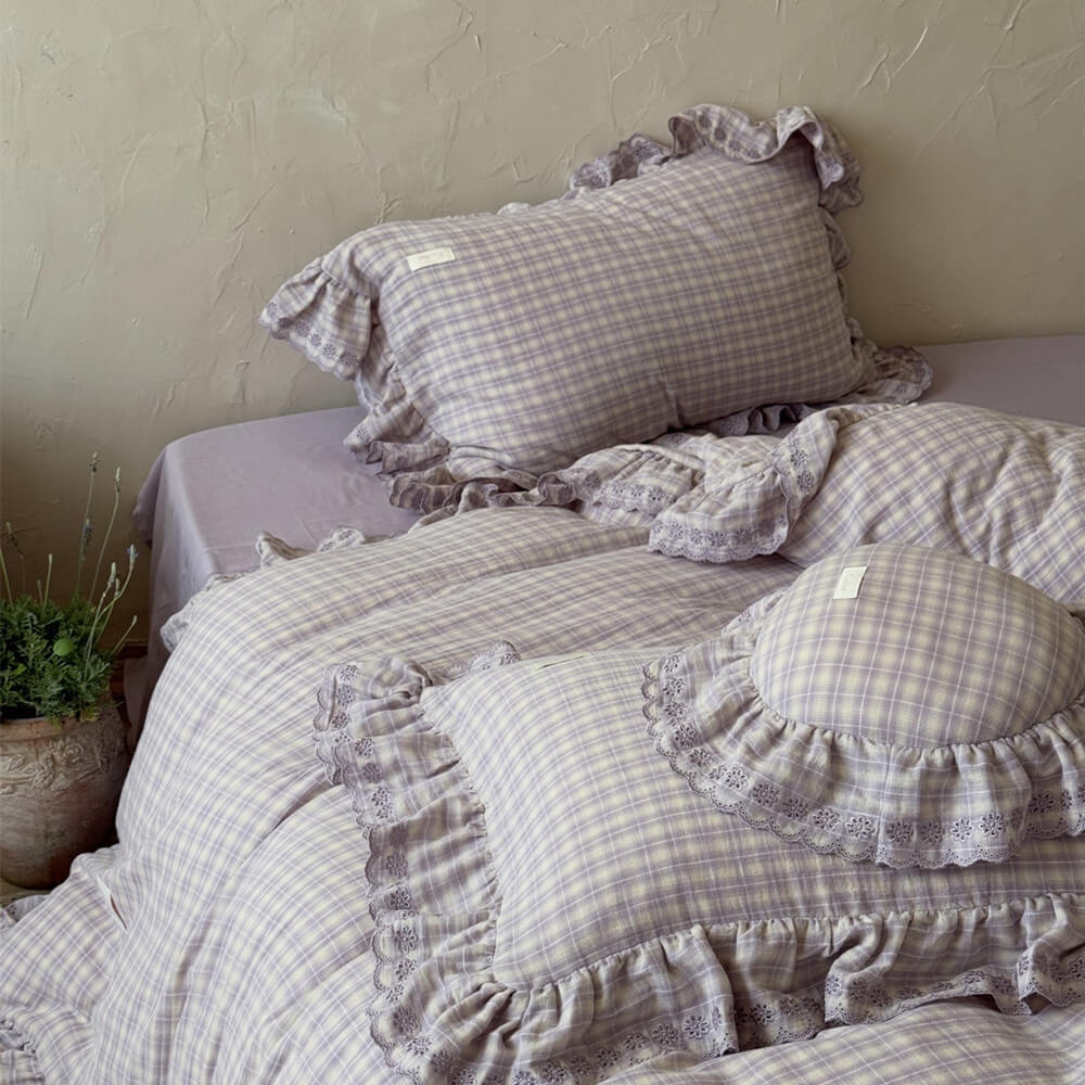 Lavender Plaid Ruffle Bedding Set – Cotton Muslin