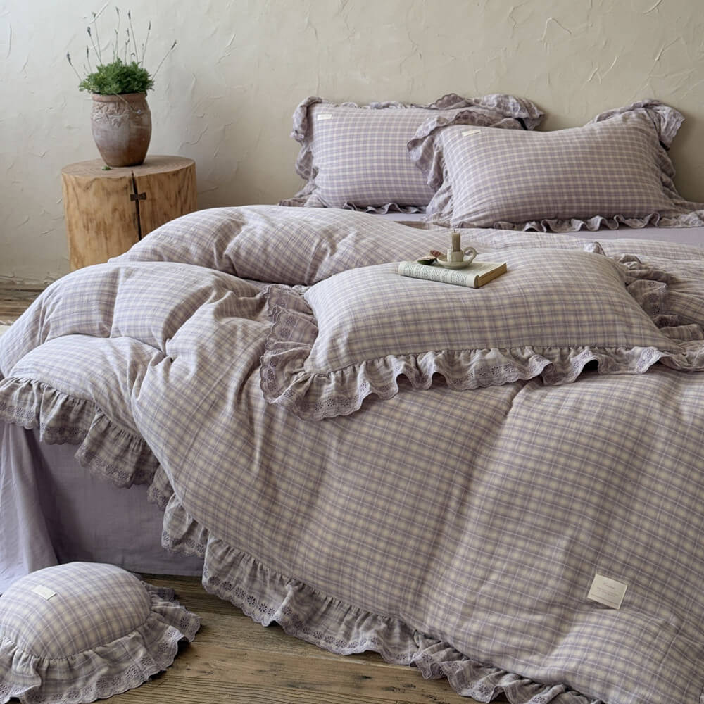 Lavender Plaid Ruffle Bedding Set – Cotton Muslin