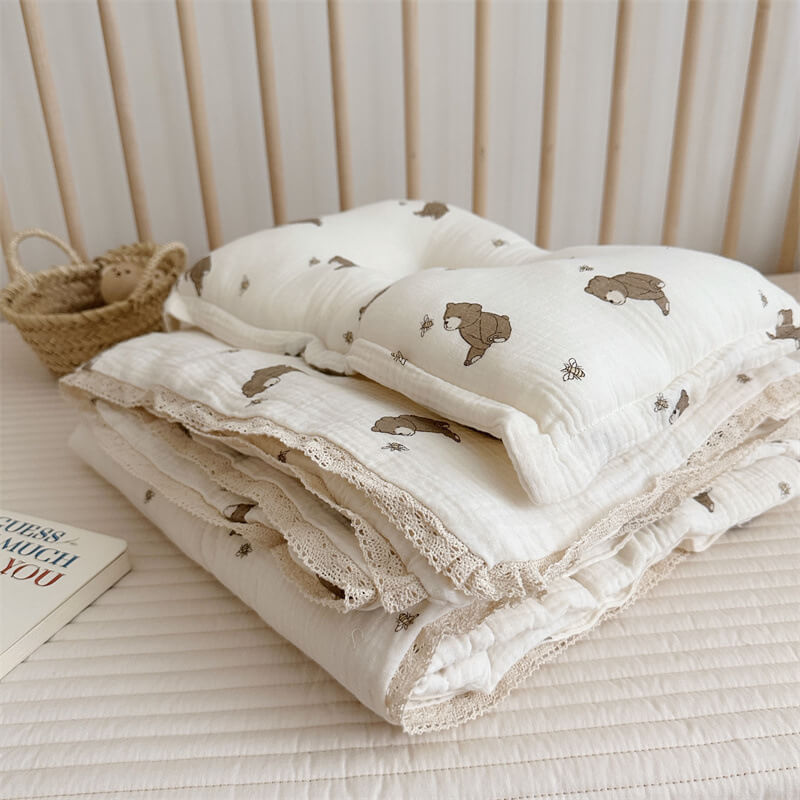 Honey Bear Toddler Comforter – Cotton Muslin with Lace Trim