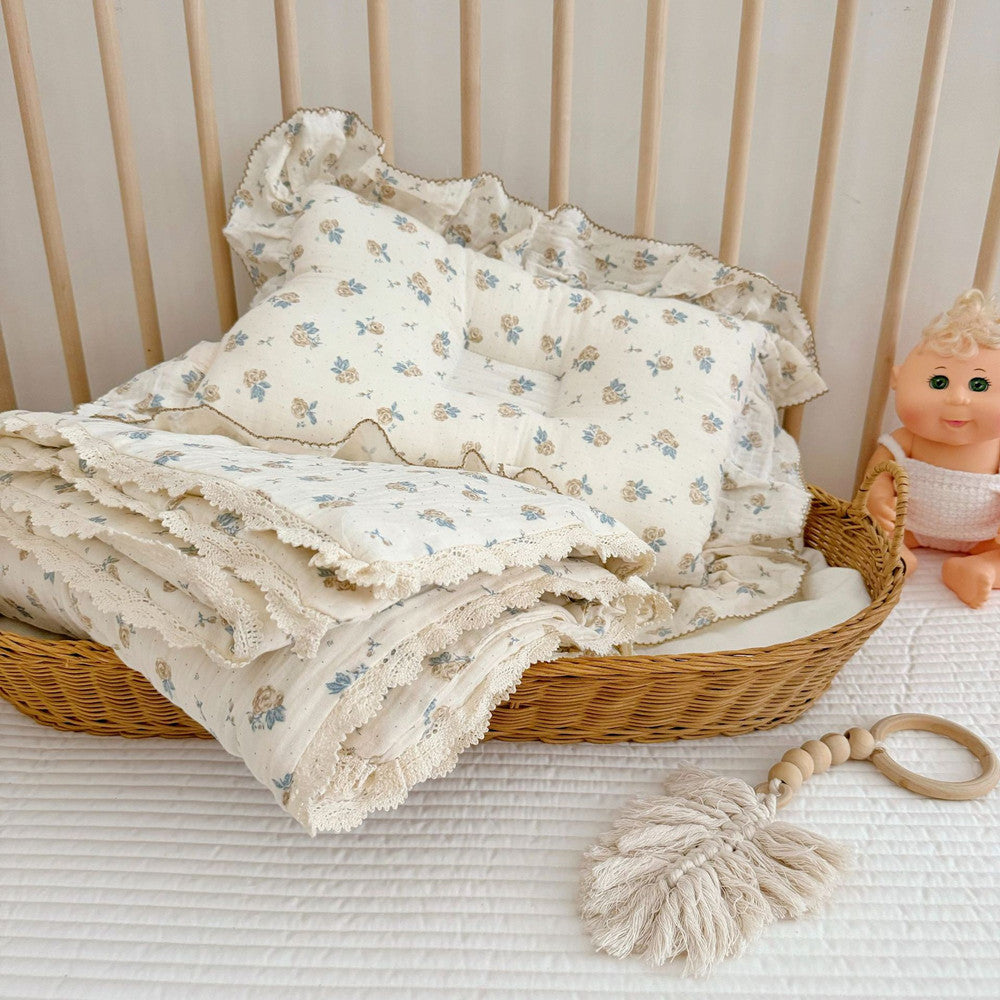 Heritage Rose Toddler Comforter – Cotton Muslin with Lace Trim