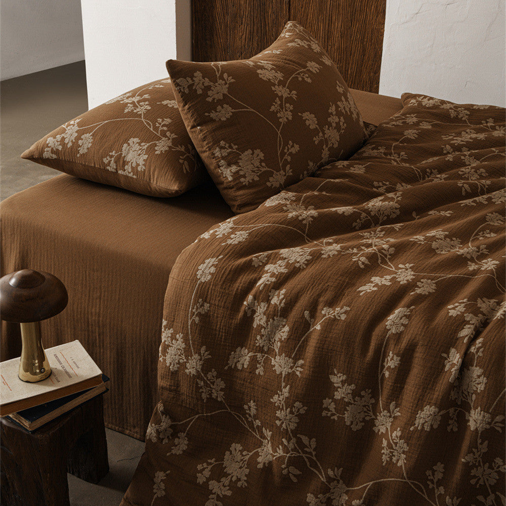 Cotton Gauze 4-Piece Bedding Set — Brown Floral Duvet Cover