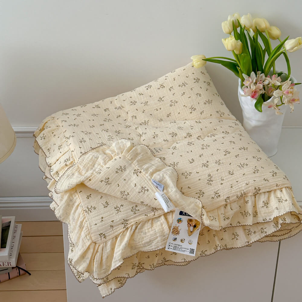Olive Green Floral Muslin Quilt – Ruffle Edge Cotton Bedding