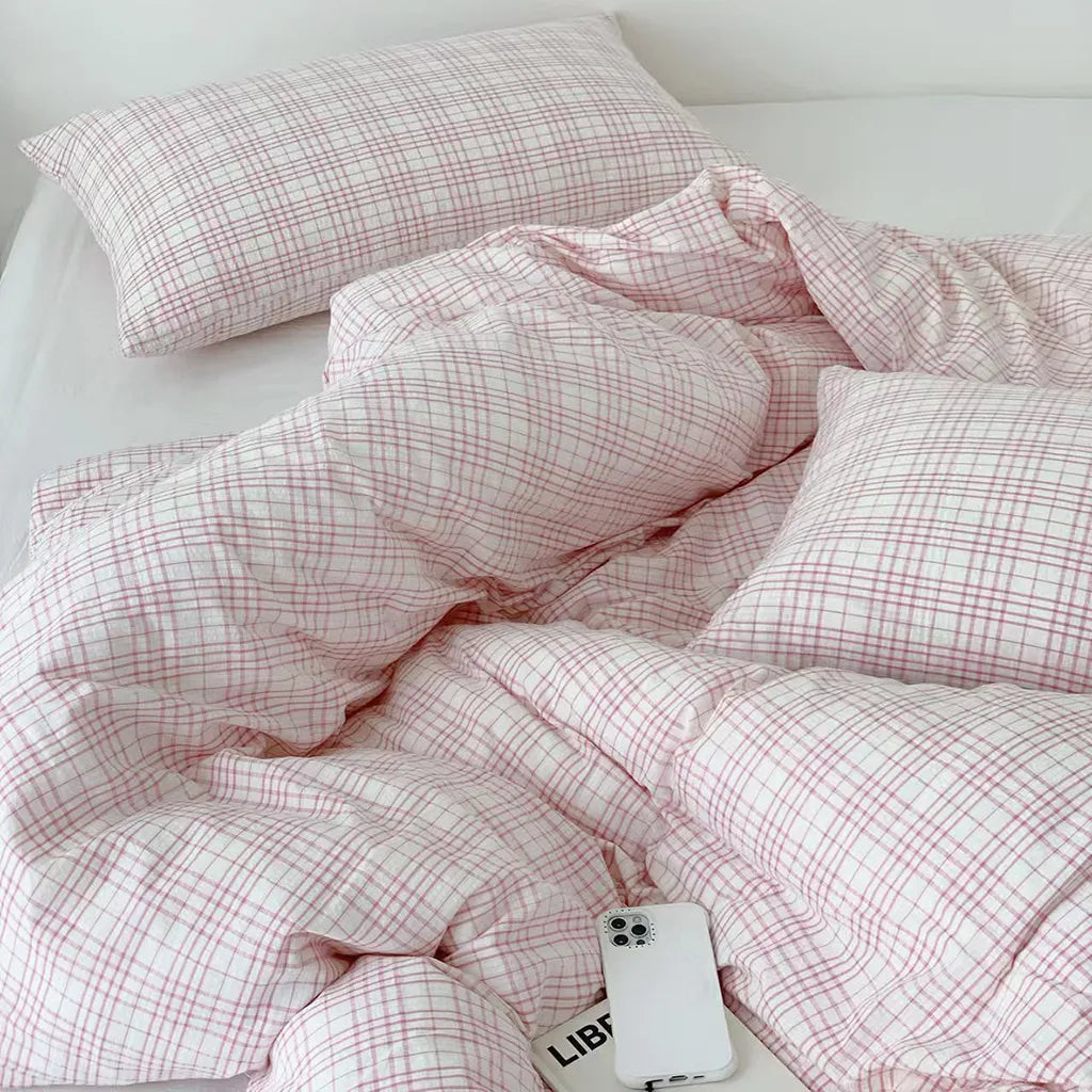 Soft Pink Plaid Cotton Bedding Set