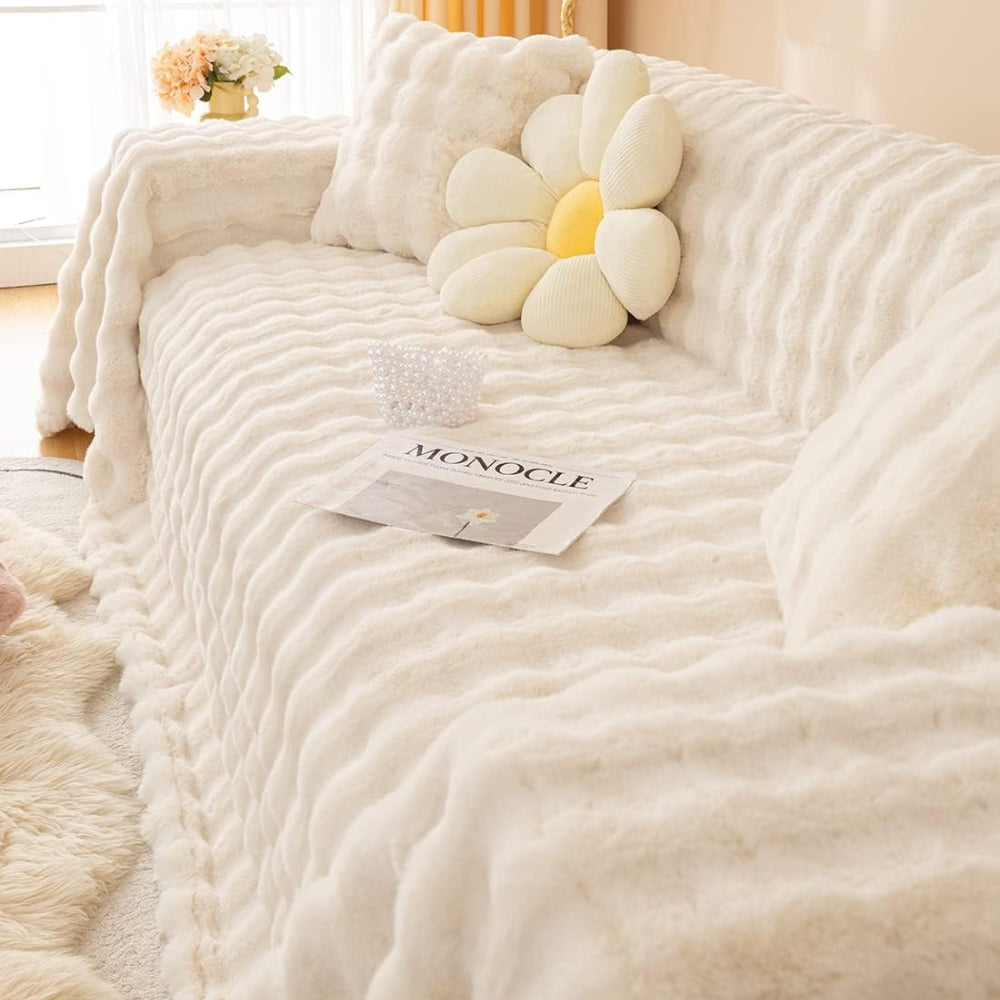 Rabbit Faux Fur Blanket Soft Sofa Cover Cream Cloud