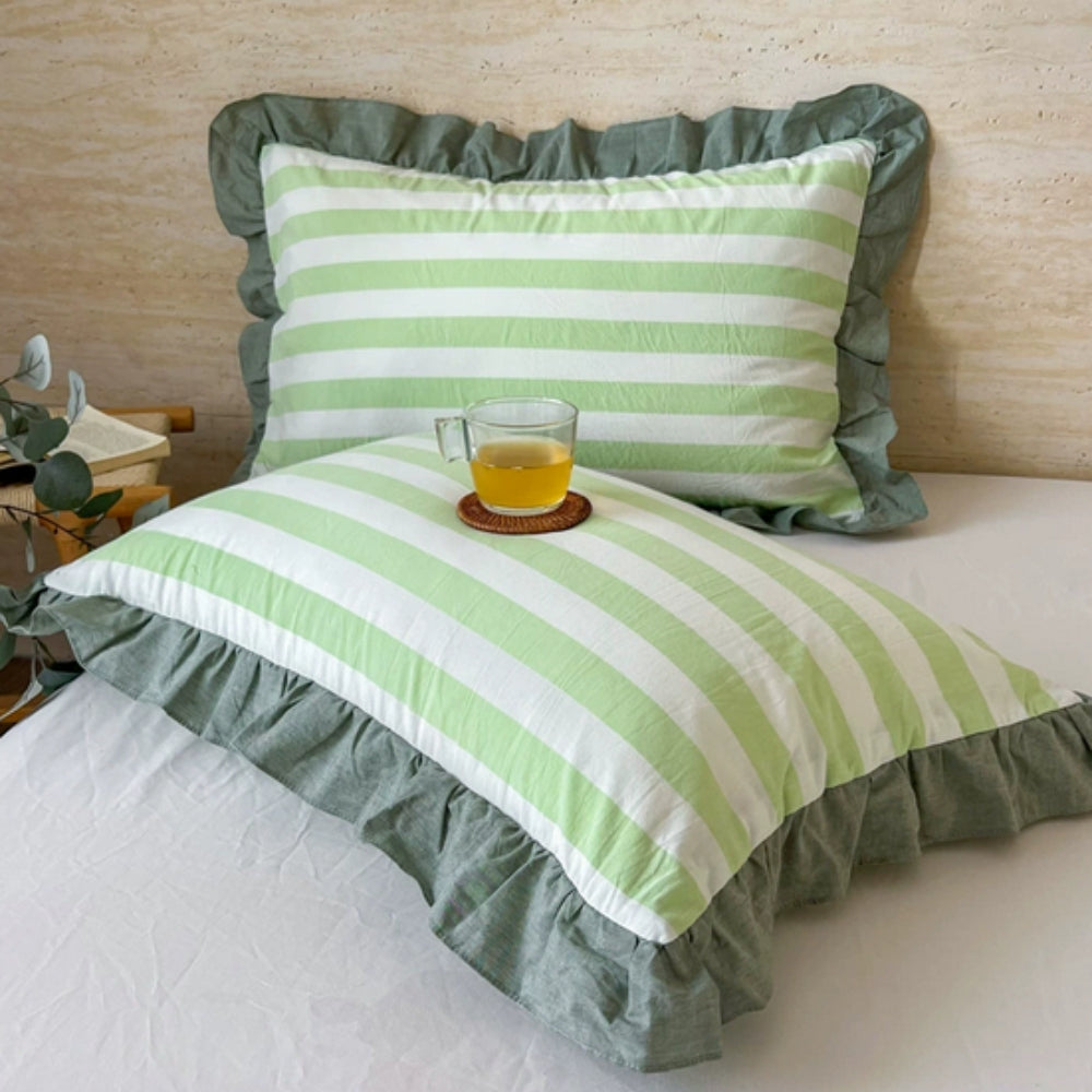 Striped Ruffled Lace Pillowcases in Multiple Colors Mint Glow