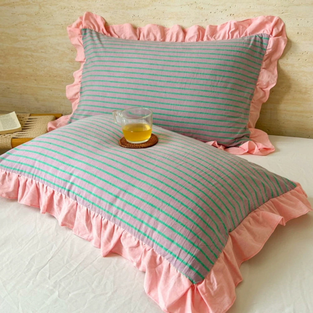 Striped Ruffled Lace Pillowcases in Multiple Colors Rose Stripe