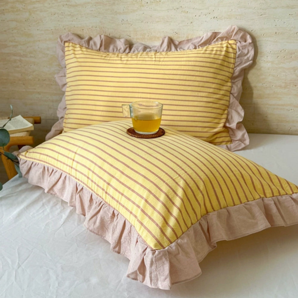 Striped Ruffled Lace Pillowcases in Multiple Colors Butter Stripe