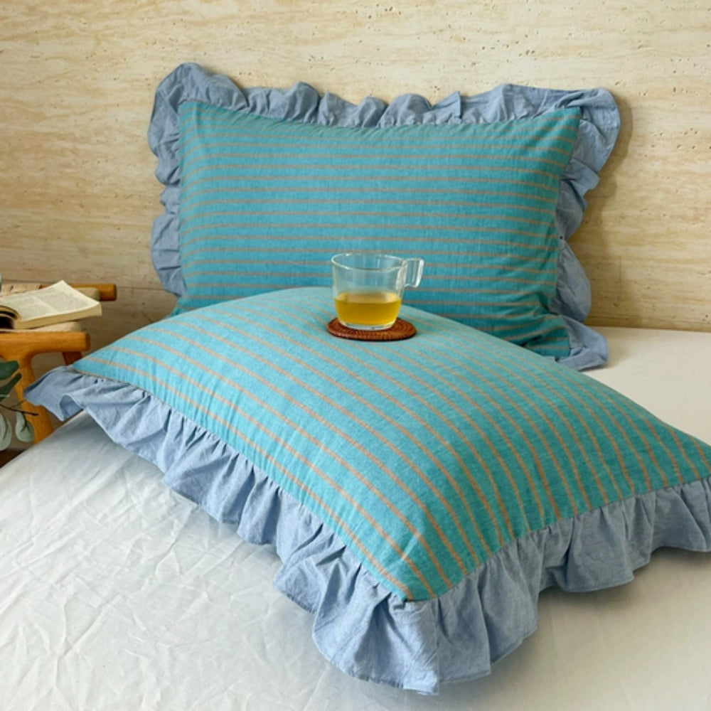 Striped Ruffled Lace Pillowcases in Multiple Colors Aqua Stripe