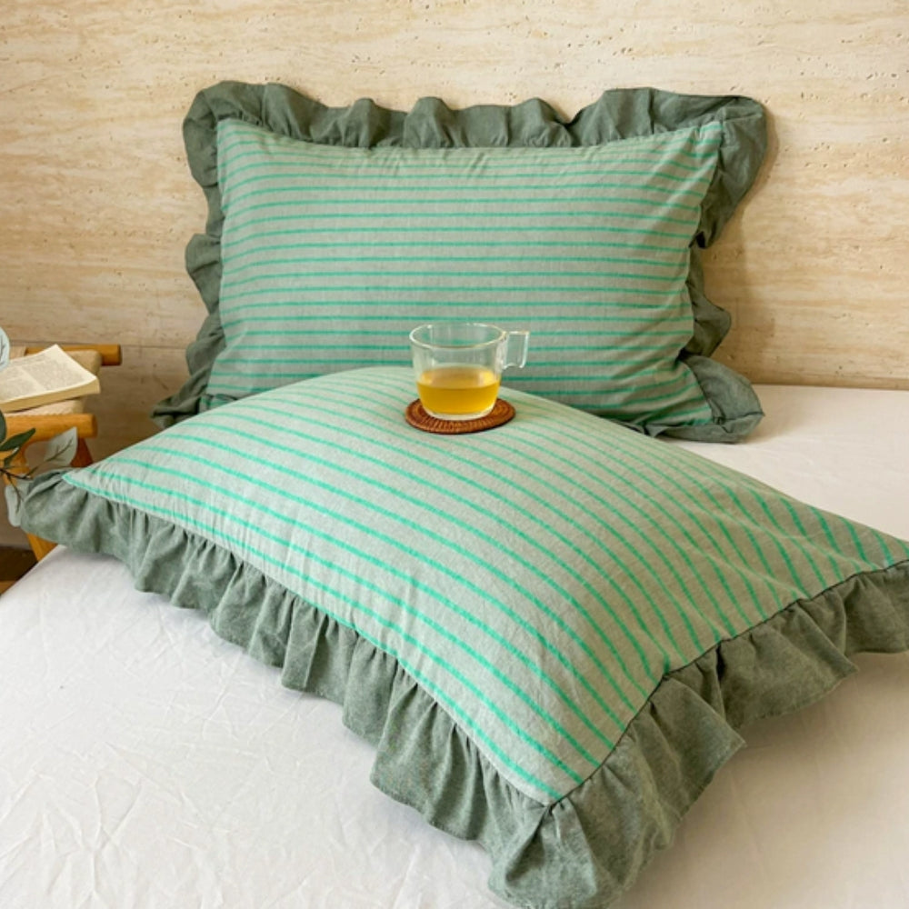 Striped Ruffled Lace Pillowcases in Multiple Colors Sage Stripe