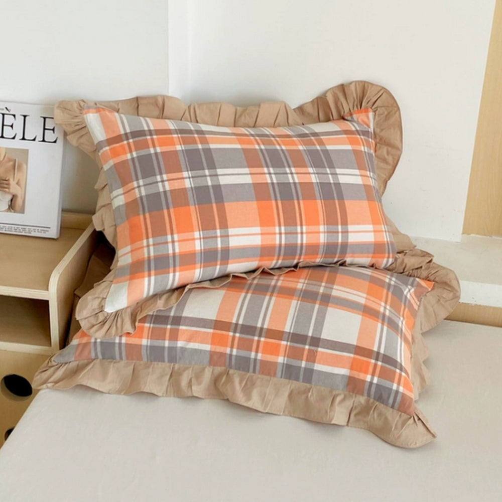 Striped Ruffled Lace Pillowcases in Multiple Colors Autumn Plaid
