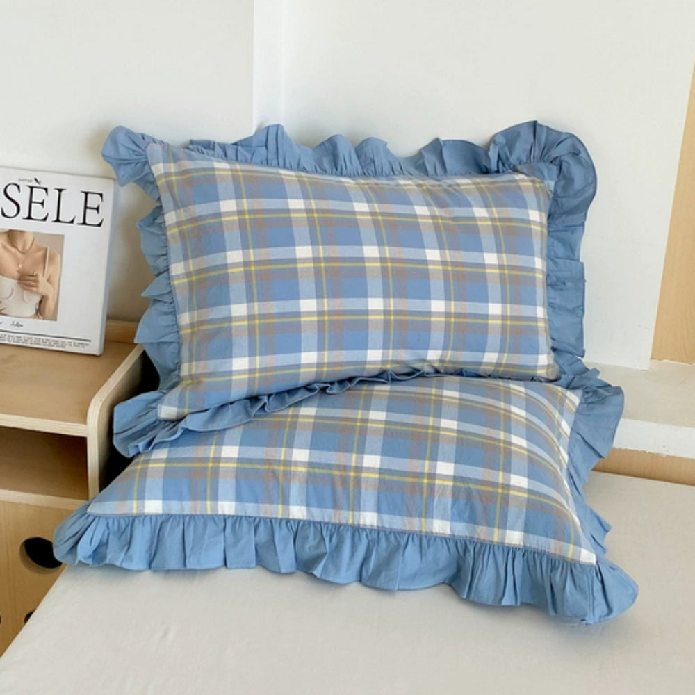 Striped Ruffled Lace Pillowcases in Multiple Colors Blue Check