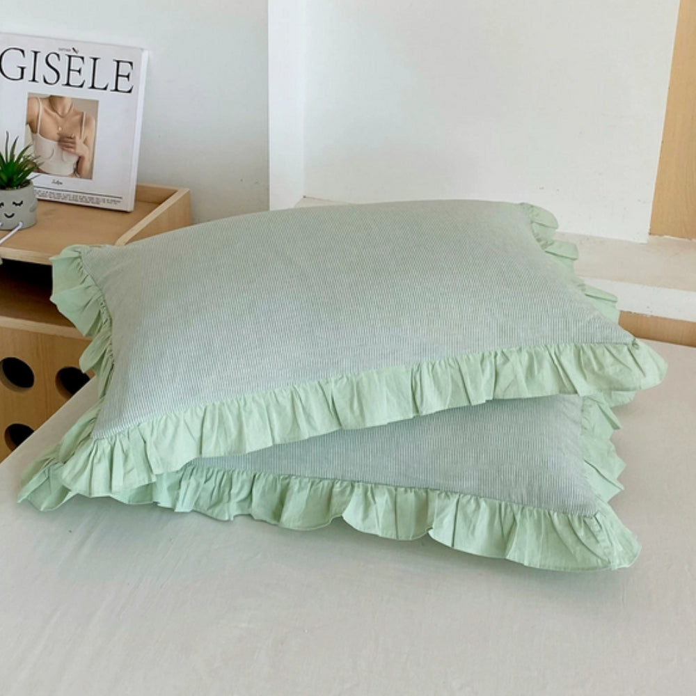 Striped Ruffled Lace Pillowcases in Multiple Colors Mint Frost