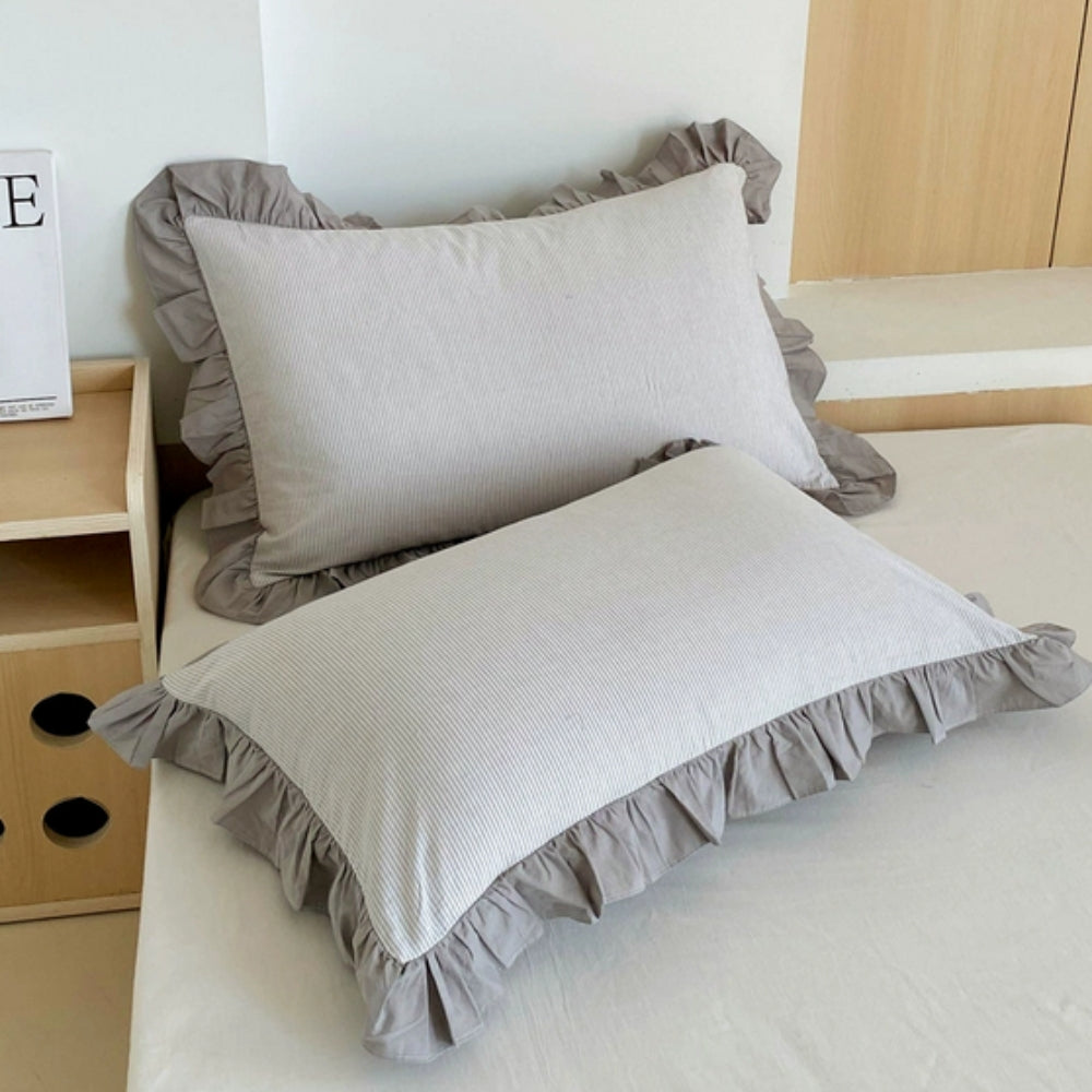Striped Ruffled Lace Pillowcases in Multiple Colors Ash Mist