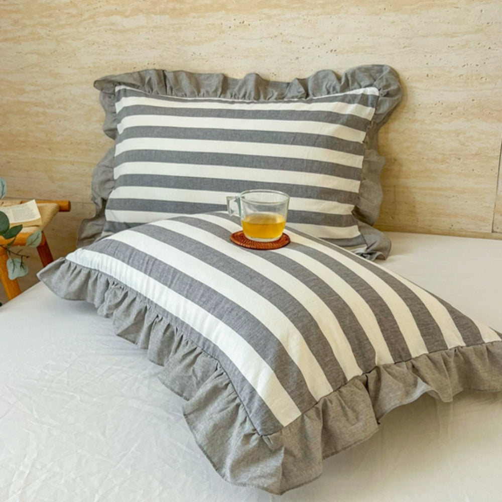 Striped Ruffled Lace Pillowcases in Multiple Colors Ash Gray