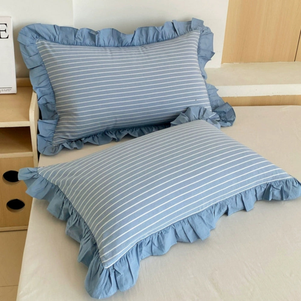 Striped Ruffled Lace Pillowcases in Multiple Colors Bluebell Whisper