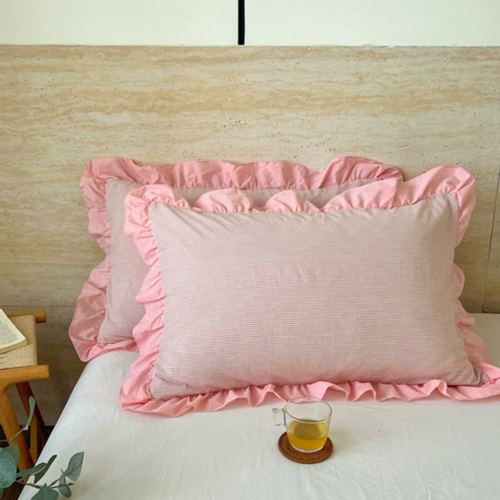 Striped Ruffled Lace Pillowcases in Multiple Colors Soft Rose