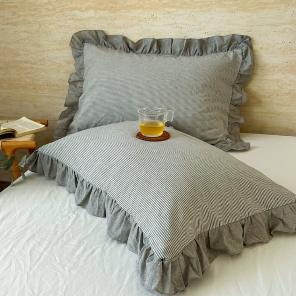 Striped Ruffled Lace Pillowcases in Multiple Colors Slate Pinstripe
