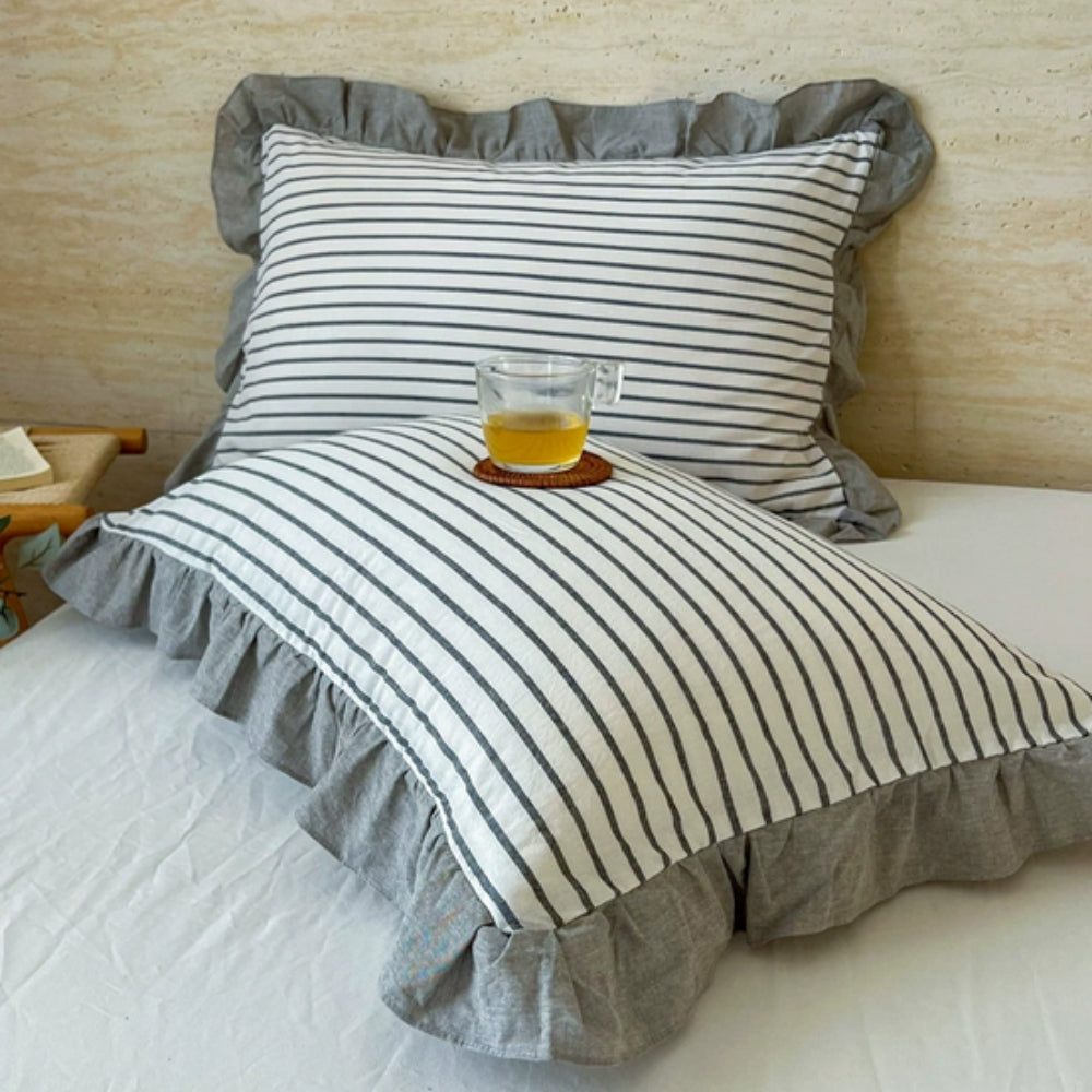 Striped Ruffled Lace Pillowcases in Multiple Colors Classic Ivory
