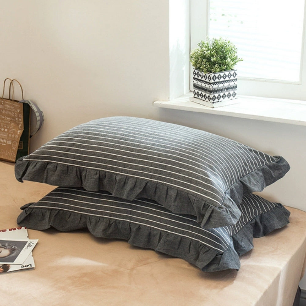 Striped Ruffled Lace Pillowcases in Multiple Colors Midnight Line