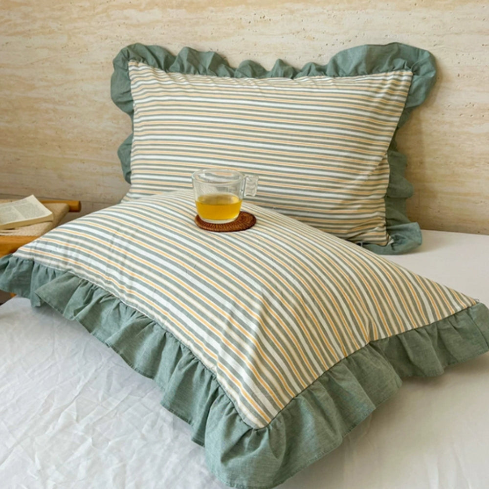 Striped Ruffled Lace Pillowcases in Multiple Colors Meadow Cream