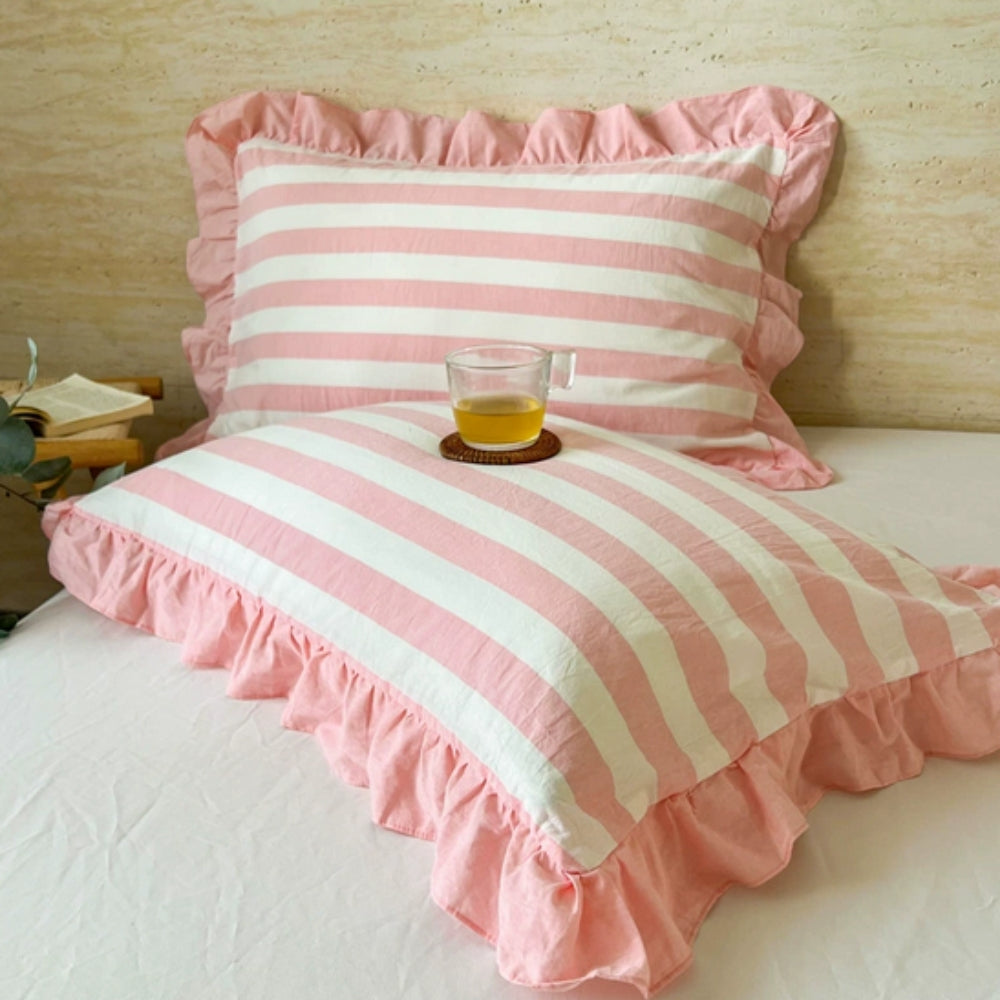 Striped Ruffled Lace Pillowcases in Multiple Colors Petal Pink