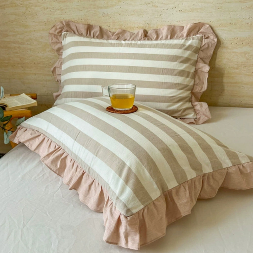 Striped Ruffled Lace Pillowcases in Multiple Colors Nude Blush