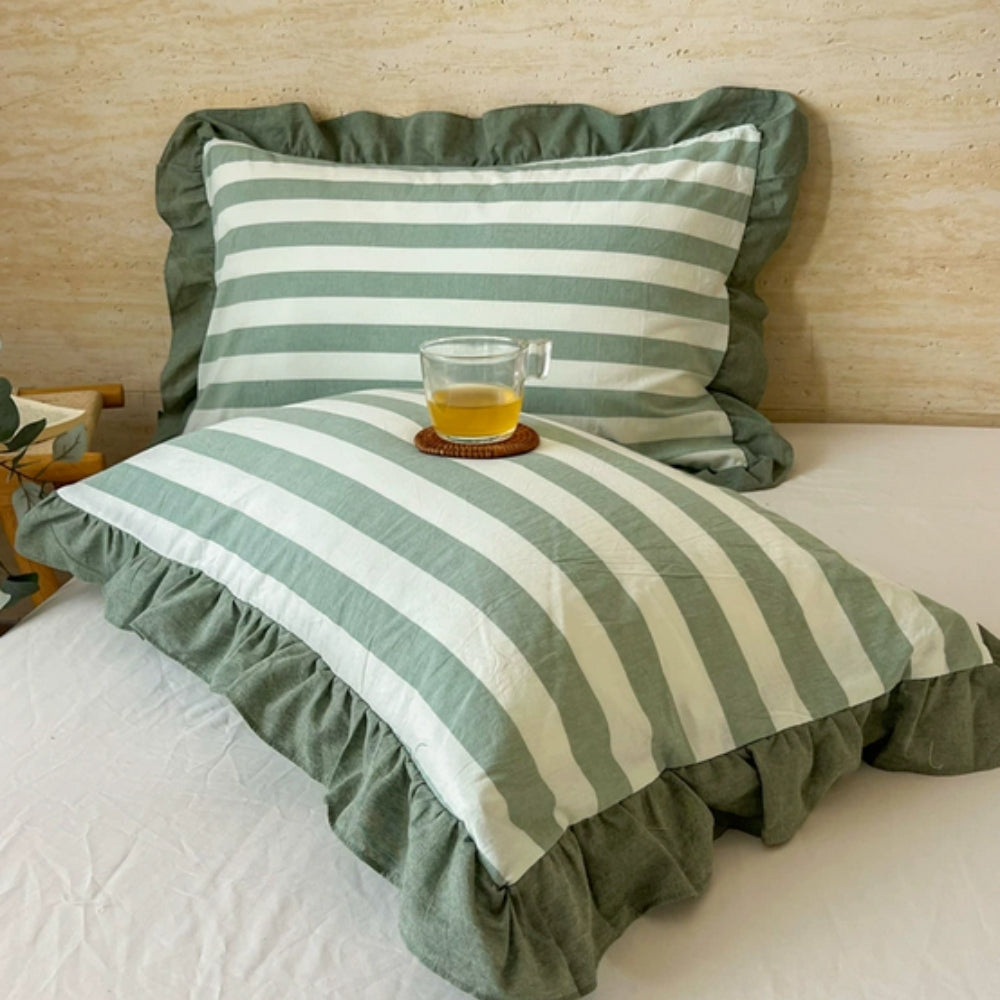 Striped Ruffled Lace Pillowcases in Multiple Colors Moss Stripe