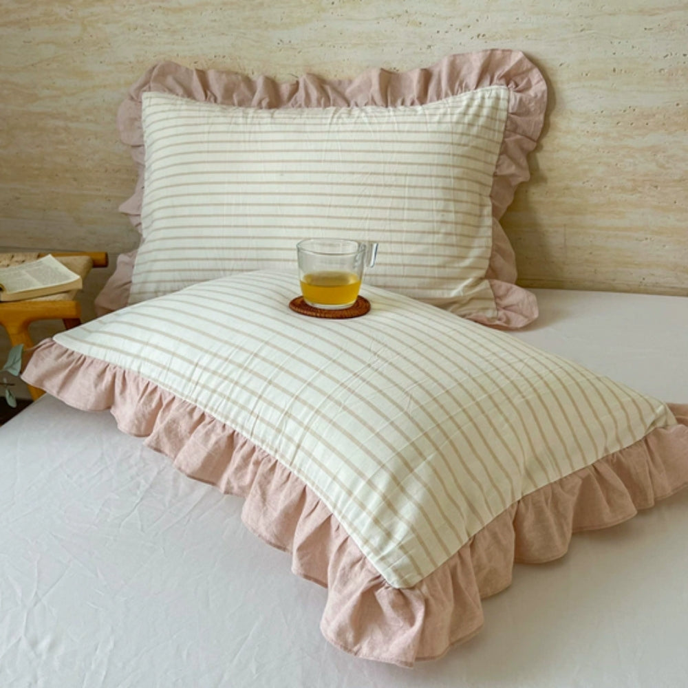Striped Ruffled Lace Pillowcases in Multiple Colors Cream Pinstripe