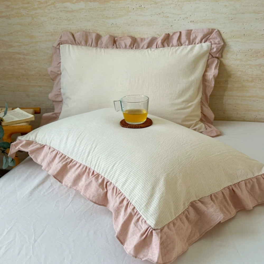 Striped Ruffled Lace Pillowcases in Multiple Colors Blush Pinstripe