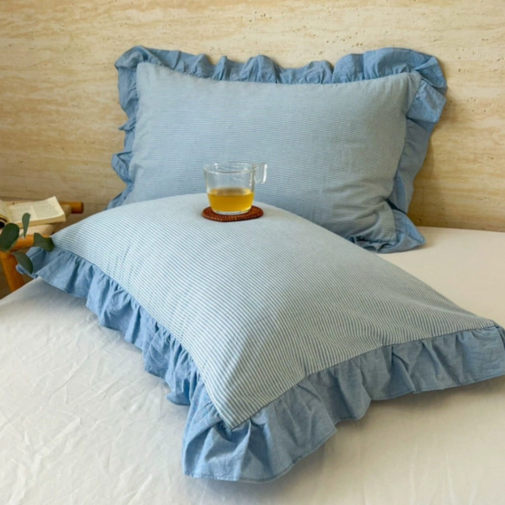 Striped Ruffled Lace Pillowcases in Multiple Colors Blue Pinstripe