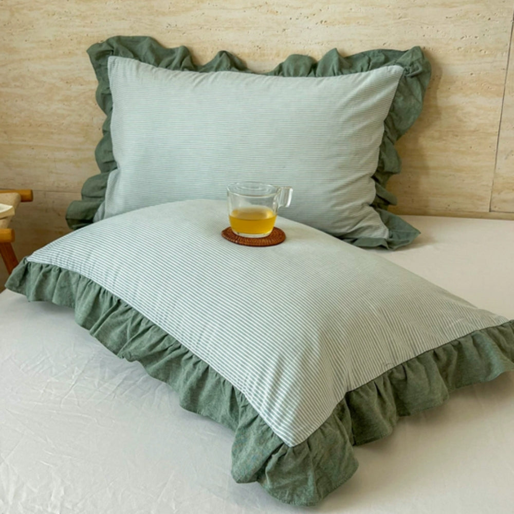 Striped Ruffled Lace Pillowcases in Multiple Colors Olive Pinstripe