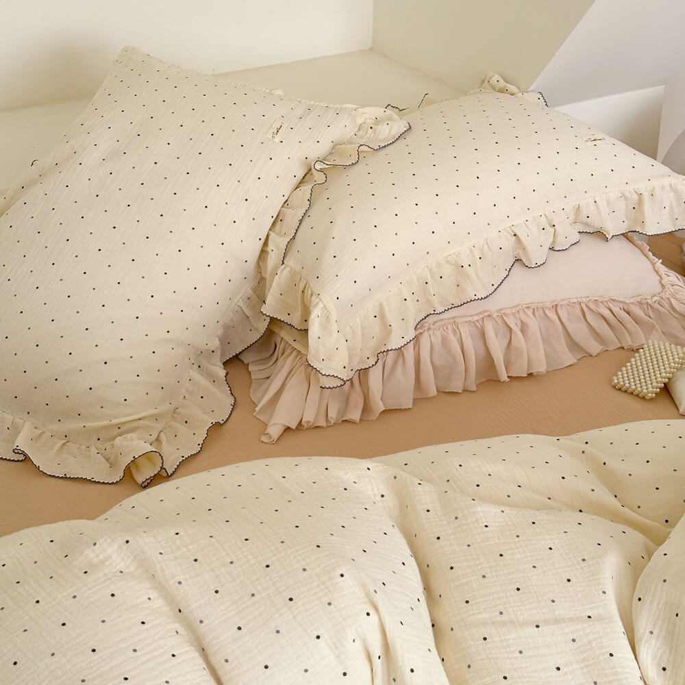 Cotton Gauze Bedding Set – Polka Dot with Soft Ruffles