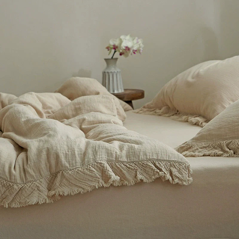 Fringe Duvet Cover Set – Cotton Gauze Bedding Khaki