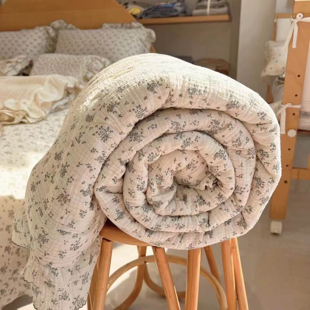 Sage Green Floral Muslin Quilt – Ruffle Edge Cotton Bedding