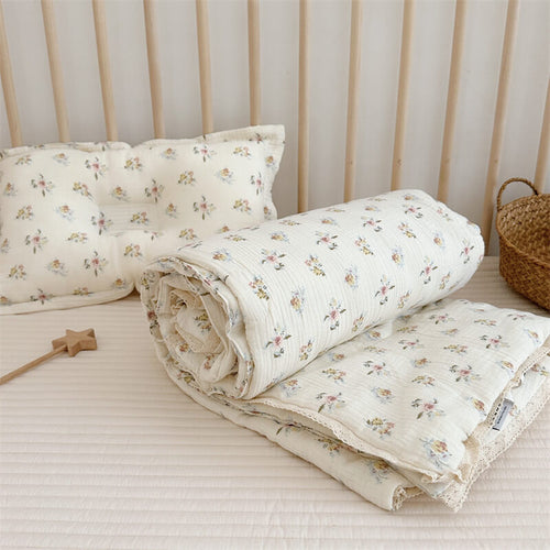 Azalea Floral Baby Quilt – Cotton Muslin with Lace Trim