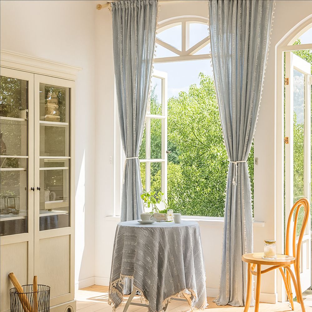 Sunlit Stripes Sheer Tassel Curtain Gray Blue