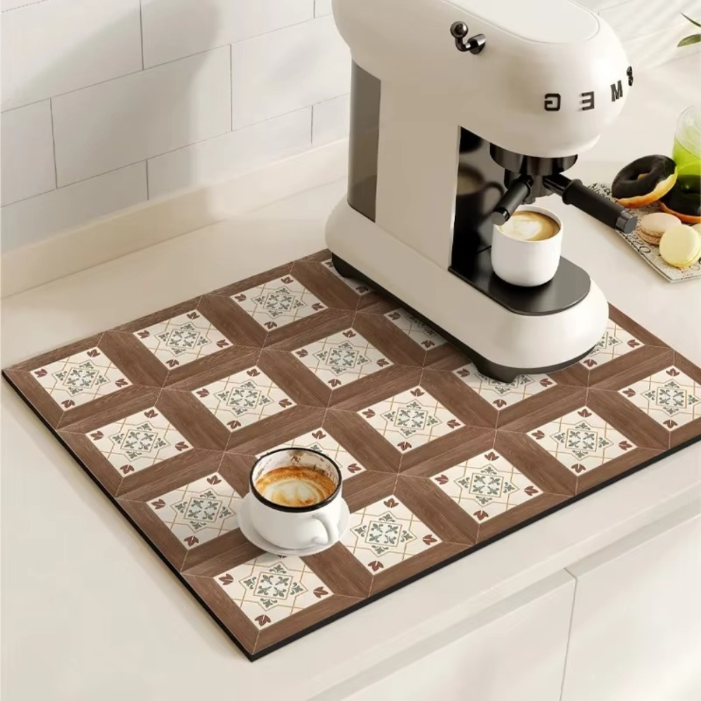 Retro Tile Design Absorbent Coffee Mat Wooden Squares